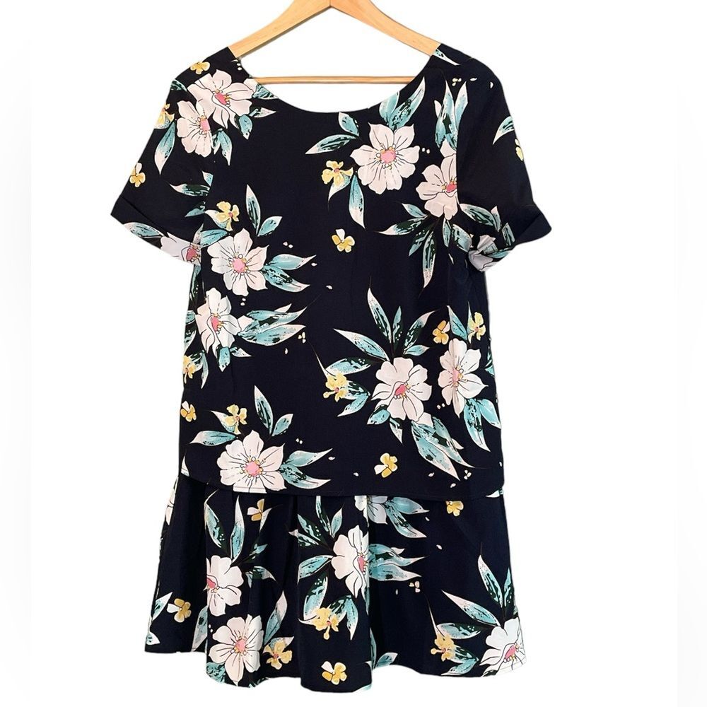 FRNCH Navy Floral Mini Short Sleeve Shirt Drop Waist Pullover Dress Sz M